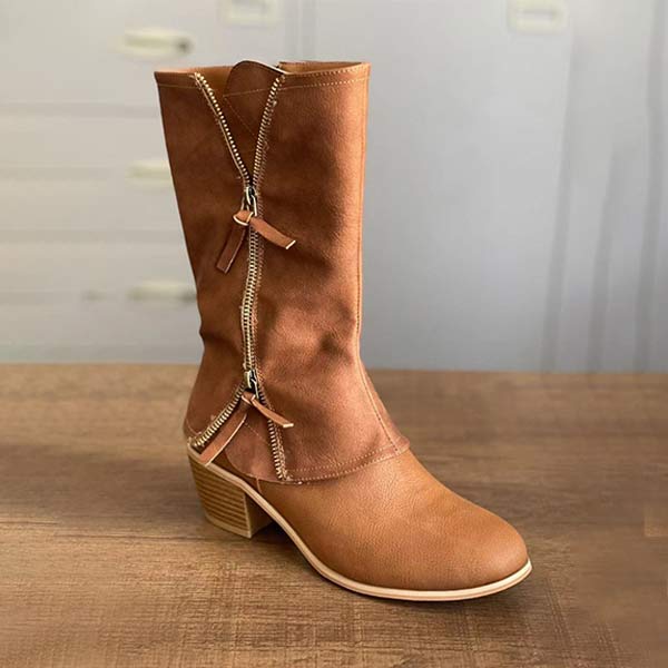 Charlotte™ | Chunky Heel Side Zip Leather Boots